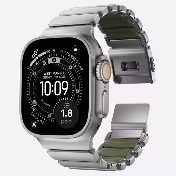 Nomad Stratos Armband für Apple Watch | 44/45/46/49 mm - Forest Green / Natural Titanium