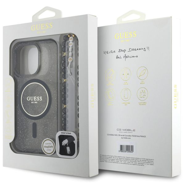Guess MagSafe IML Glitter Case mit Beads Strap Apple iPhone 16 Pro - Schwarz