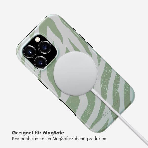 Selencia Vivid Tough Back Cover MagSafe für das iPhone 16 Pro - Colorful Zebra Sage Green