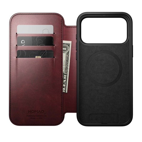 Nomad Modern Horween Leather Folio Bookcase mit MagSafe Apple iPhone 17 Pro Max - Burgundy