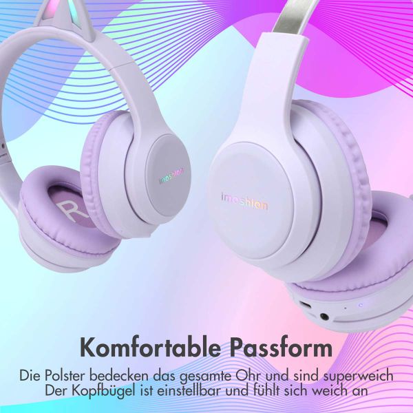 imoshion Kids LED Light Cat Ear Bluetooth-Kopfhörer - Kinderkopfhörer - Kabelloser Kopfhörer + AUX-Kabel - Lavender Lilac