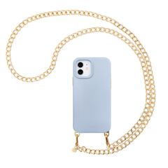 Selencia Rivièra MagSafe Backcover mit abnehmbaren Haken für das Apple iPhone 12 / 12 Pro - Powder Blue + Bold Chain (130 cm) - Gold