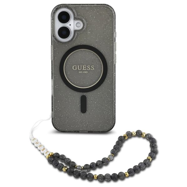 Guess MagSafe IML Glitter Case mit Beads Strap für das iPhone 16 - Black