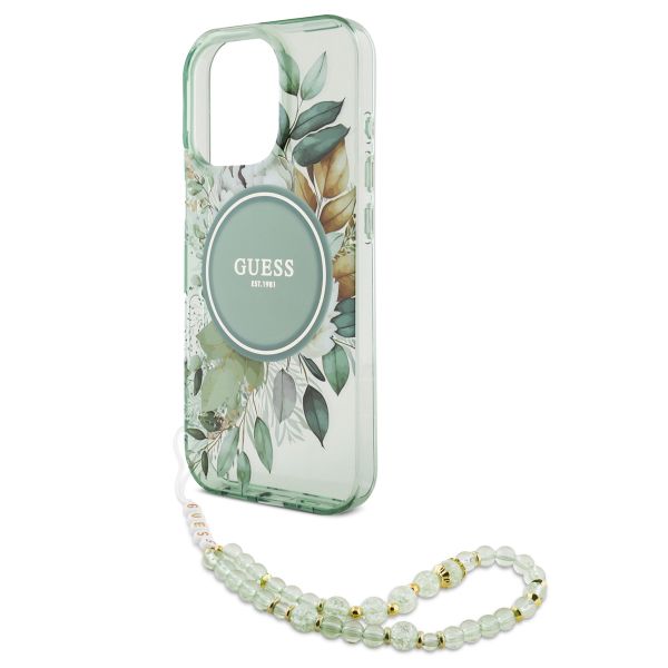 Guess MagSafe IML Flowers Case mit Beads Strap für das iPhone 16 Pro - Green