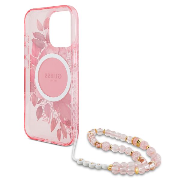 Guess MagSafe IML Flowers Case mit Beads Strap für das iPhone 15 Pro - Pink