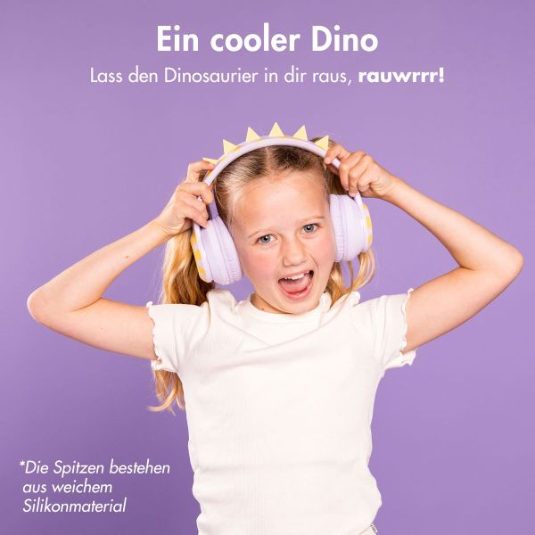 imoshion Kids Dino Bluetooth-Kopfhörer - Kinderkopfhörer mit Dezibelbegrenzer - Drahtloser Kopfhörer + AUX-Kabel - Lavender Lilac / Yellow