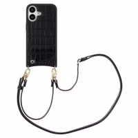 Selencia Nova Croco HandyHülle mit Kordel und Kartenhalter Apple iPhone 16 - Schwarz