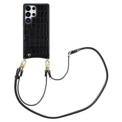 Selencia Nova Croco HandyHülle mit Kordel und Kartenhalter Samsung Galaxy S25 Ultra - Schwarz