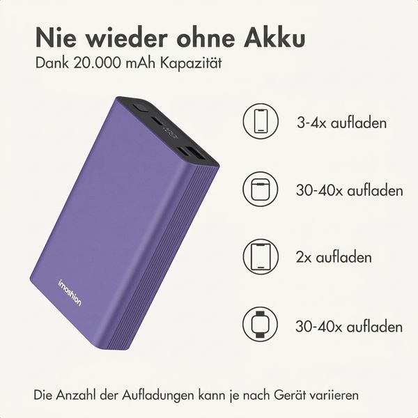 imoshion Ultra Series Aluminium Powerbank 20.000 mAh - Schnellladen bis 33W - Tropical Violet