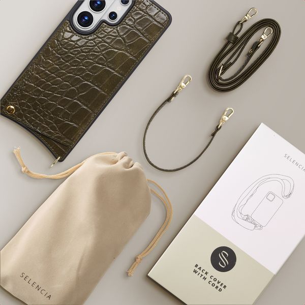 Selencia Nova Croco HandyHülle mit Kordel und Kartenhalter Samsung Galaxy S26 Ultra - Dark Olive