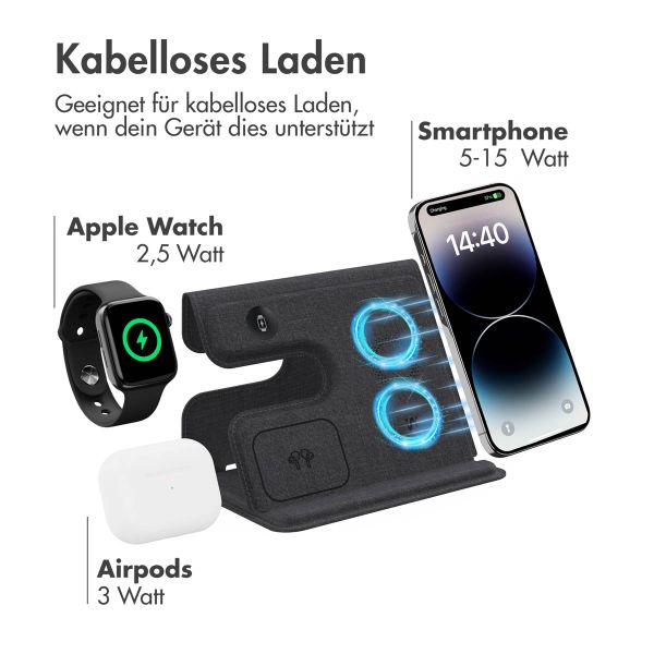 imoshion 3-in-1 Faltbares kabelloses Ladegerät für Apple | iPhone + AirPods + Apple Watch – Grau