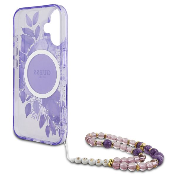 Guess MagSafe IML Flowers Case mit Beads Strap für das iPhone 16 - Purple