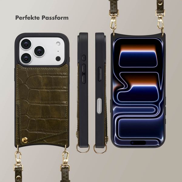 Selencia Nova Croco HandyHülle mit Kordel und Kartenhalter Apple iPhone 17 Pro - Dark Olive