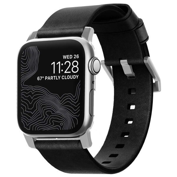 Nomad Modernes Lederarmband für die Apple Watch Series 1 bis 10 / SE / Ultra (2) (44/45/46/49 mm) - Schwarz/Silber