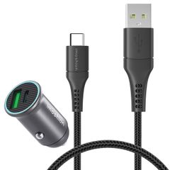 imoshion ﻿Mini-Autoladegerät - 2 Anschlüsse – USB-A–Schnellaufladung – USB-C-Stromversorgung - 60 Watt – Schwarz + Geflochtenes USB-C zu USB-C Kabel - 0,5 Meter - Schwarz