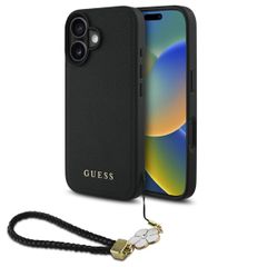 Guess Grained Back Cover MagSafe mit Flower Charm Strap Apple iPhone 16 - Schwarz