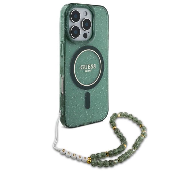 Guess MagSafe IML Glitter Case mit Beads Strap für das iPhone 16 Pro - Green