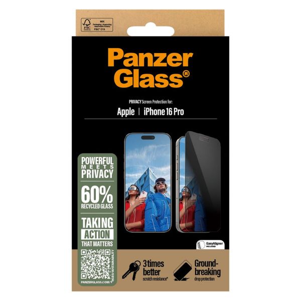 PanzerGlass Ultra Wide Fit Antibakterieller Screen Protector mit Sichtschutz inkl. Applikator für das iPhone 16 Pro