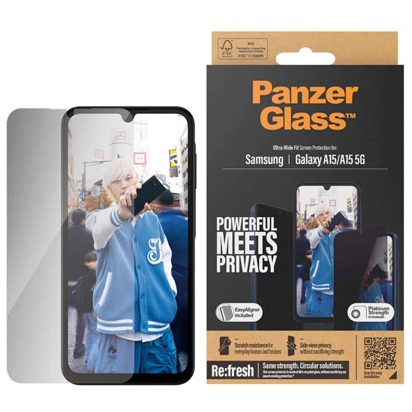 PanzerGlass Ultra Wide Fit Antibakterieller Screen Protector mit Sichtschutz inkl. Applikator für das Samsung Galaxy A15 (5G)