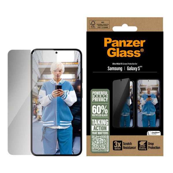 PanzerGlass Ultra Wide Fit Antibakterieller Screen Protector mit Sichtschutz inkl. Applikator für das Samsung Galaxy S25