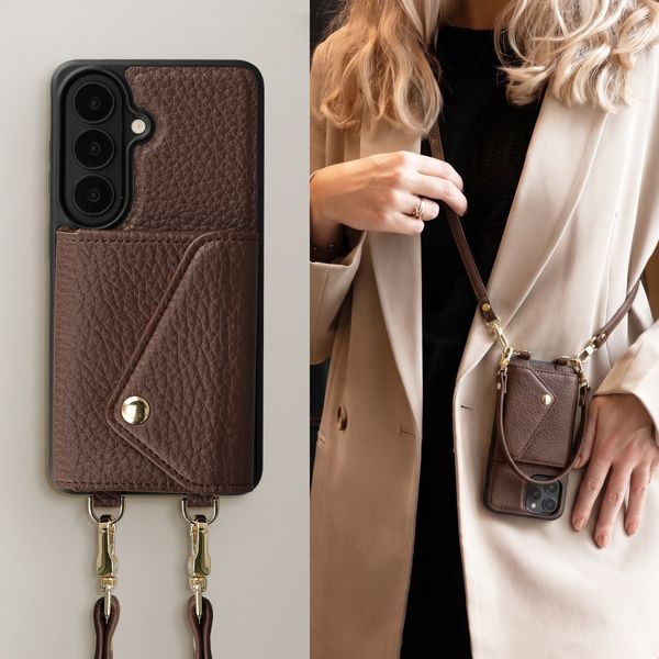 Selencia Sera HandyHülle mit Kordel und Umschlag-Kartenhalter Samsung Galaxy S26 - Chocolate Brown