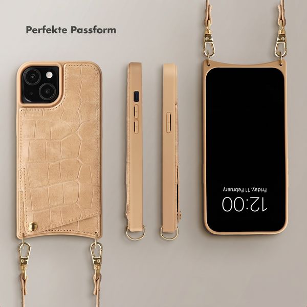Selencia Nova Croco HandyHülle mit Kordel und Kartenhalter Apple iPhone 15 - Toasted Almond