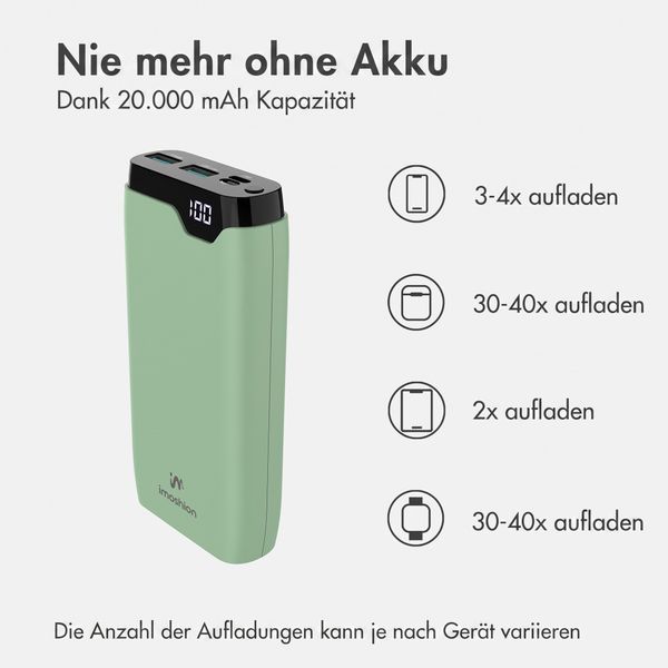 imoshion Powerbank 20.000 mAh - 22,5W Schnellladegerät - USB-C / USB-A - Grün