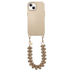 Selencia Rivièra MagSafe Backcover mit abnehmbaren Haken für das Apple iPhone 15 - Milky Latte + Lova Handykette - Mocha Brown