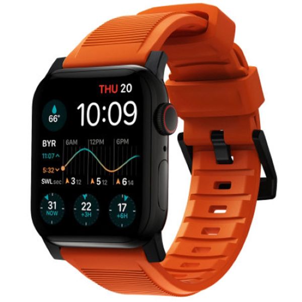 Nomad Robustes Armband FKM fur die Apple Watch Series 1 bis 10 SE Ultra 2 44 45 46 49 mm Schwarz Orange Handyhuellen