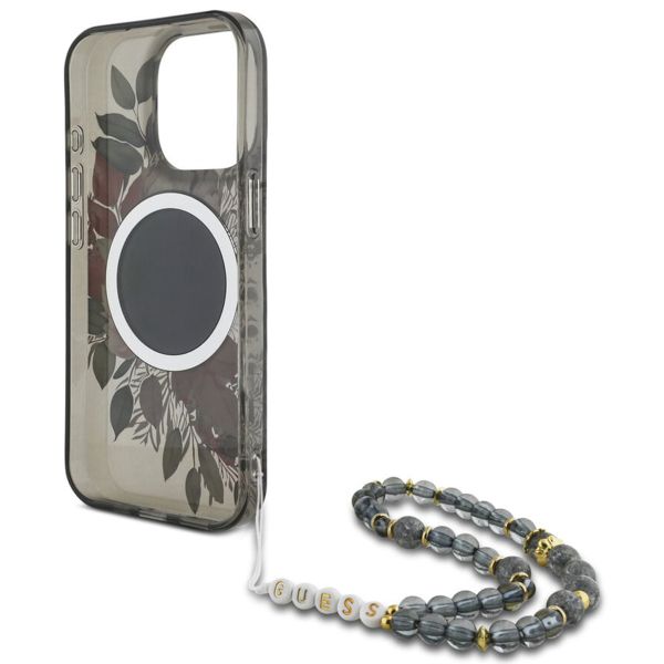 Guess MagSafe IML Flowers Case mit Beads Strap Apple iPhone 15 Pro Max - Schwarz