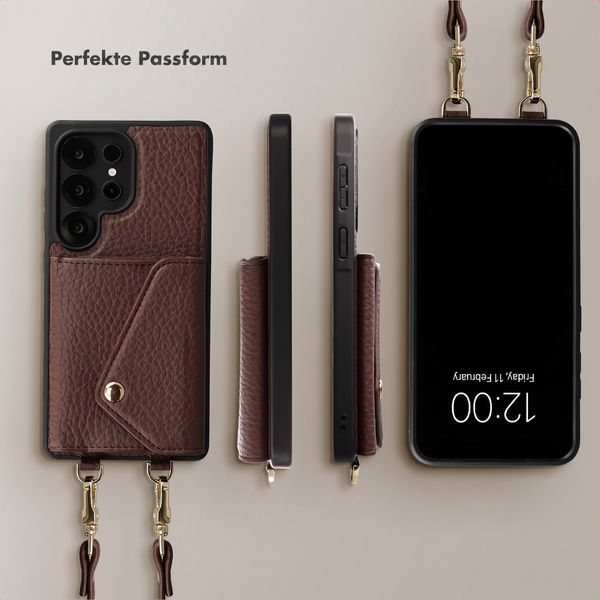 Selencia Sera HandyHülle mit Kordel und Umschlag-Kartenhalter Samsung Galaxy S25 Ultra - Chocolate Brown