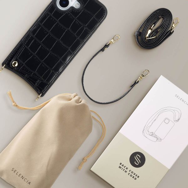 Selencia Nova Croco HandyHülle mit Kordel und Kartenhalter Apple iPhone 17 - Schwarz