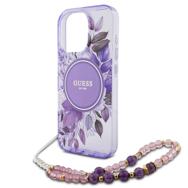 Guess MagSafe IML Flowers Case mit Beads Strap Apple iPhone 16 Pro Max - Purple