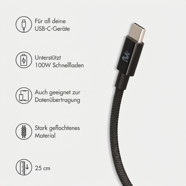 imoshion Braided USB-C-zu-USB-C-Kabel 100 W - 0,25 Meter - Schwarz