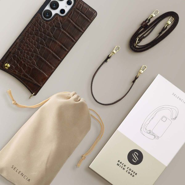Selencia Nova Croco HandyHülle mit Kordel und Kartenhalter Samsung Galaxy S25 Ultra - Choco Brown