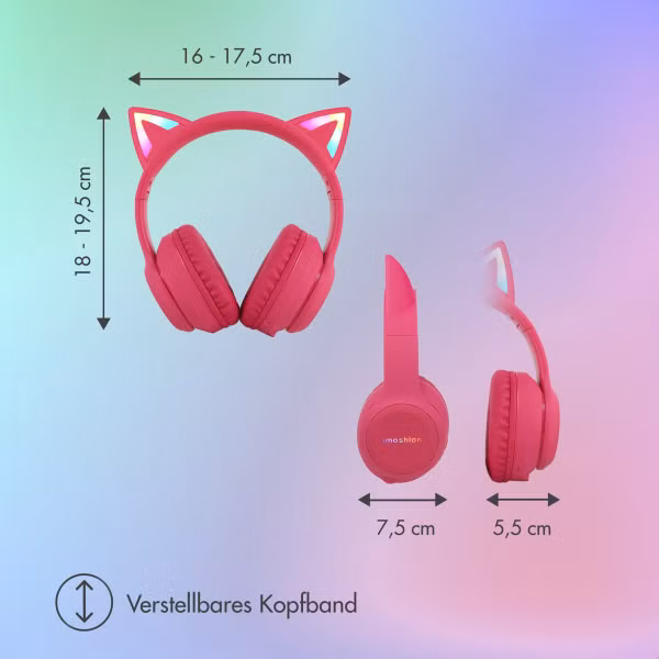 imoshion Kabellose Kinderkopfhörer LED Light Cat Ear - Dezibelbegrenzer - Mit AUX-Kabel - Hot Pink