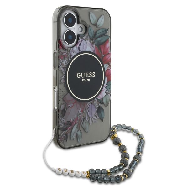 Guess MagSafe IML Flowers Case mit Beads Strap Apple iPhone 16 - Schwarz