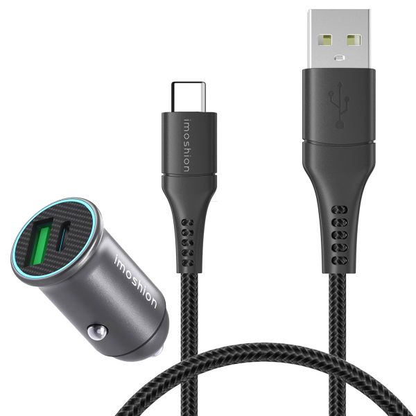 imoshion ﻿Mini-Autoladegerät - 2 Anschlüsse – USB-A–Schnellaufladung – USB-C-Stromversorgung - 60 Watt – Schwarz + Geflochtenes USB-A zu USB-C Kabel - 0,5 Meter - Schwarz