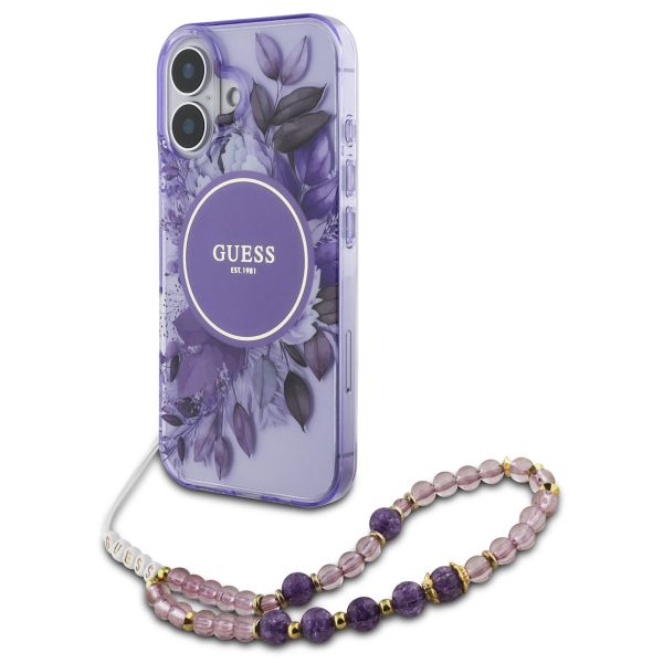 Guess MagSafe IML Flowers Case mit Beads Strap für das iPhone 16 - Purple