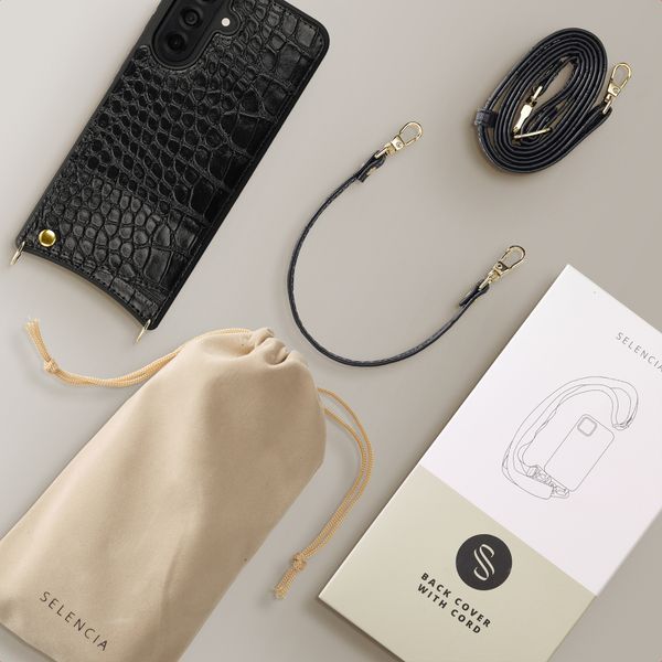 Selencia Nova Croco HandyHülle mit Kordel und Kartenhalter Samsung Galaxy A37 (5G) - Schwarz