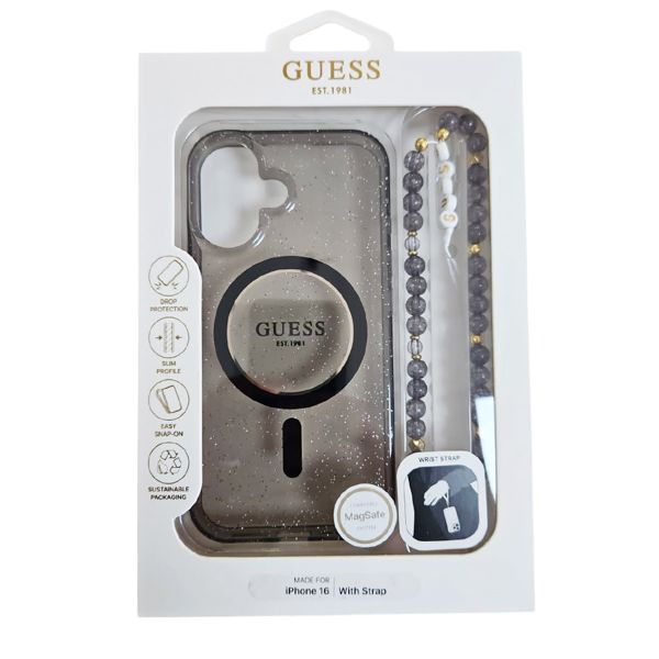Guess MagSafe IML Glitter Case mit Beads Strap Apple iPhone 16 - Schwarz