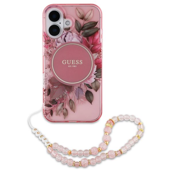 Guess MagSafe IML Flowers Case mit Beads Strap für das iPhone 16 - Pink