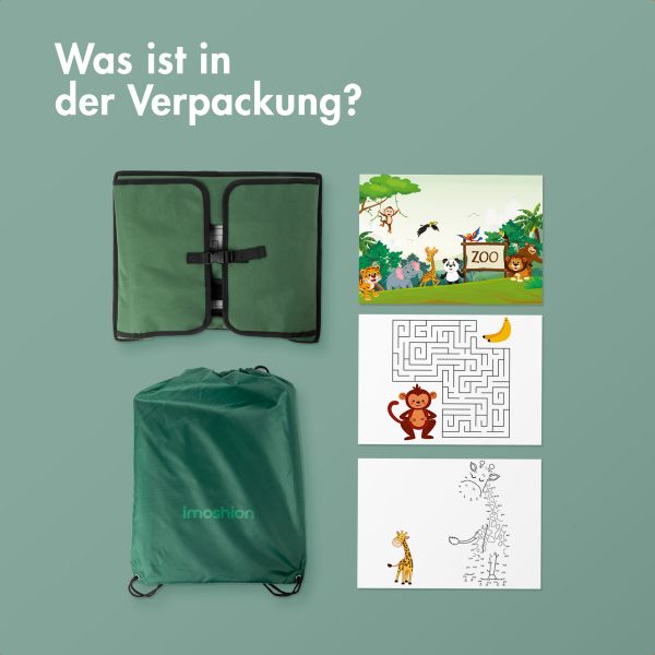 imoshion Reisetisch - Tablethalter Auto - 7 Aufbewahrungsfächer - Inklusive 2 Malvorlagen - Grün