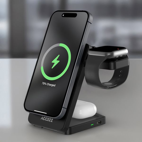 Accezz 3-in-1 Faltbares Kabelloses MagSafe Ladegerät - 20 Watt - Schwarz