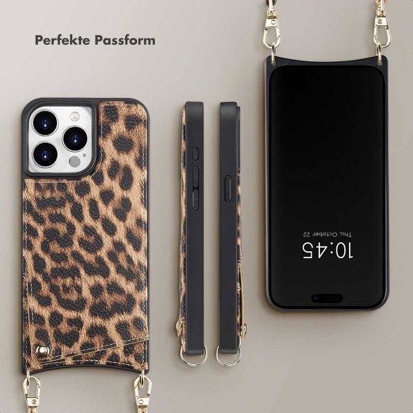 Selencia Nova Back Cover mit Kordel und Kartenhalter für das iPhone 15 Pro Max - Leopard