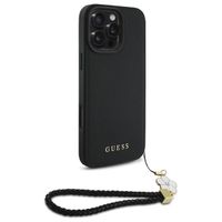 Guess Grained Back Cover MagSafe mit Flower Charm Strap Apple iPhone 16 Pro - Schwarz