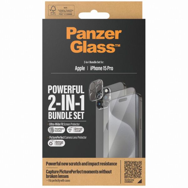 PanzerGlass 2-in-1 pack - Ultra-Wide Fit Anti-Bacterial Displayschutz incl. applicator + Camera Protector für das Apple iPhone 15 Pro