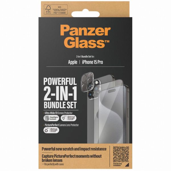 PanzerGlass 2-in-1 pack - Ultra-Wide Fit Anti-Bacterial Displayschutz incl. applicator + Camera Protector für das iPhone 15 Pro