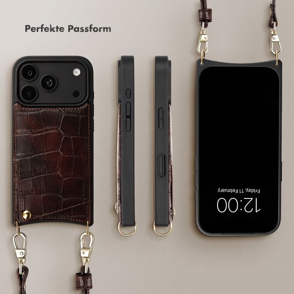 Selencia Nova Croco HandyHülle mit Kordel und Kartenhalter Apple iPhone 18 Pro Max / 17 Pro Max - Choco Brown