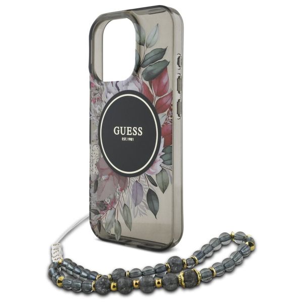 Guess MagSafe IML Flowers Case mit Beads Strap Apple iPhone 15 Pro Max - Schwarz